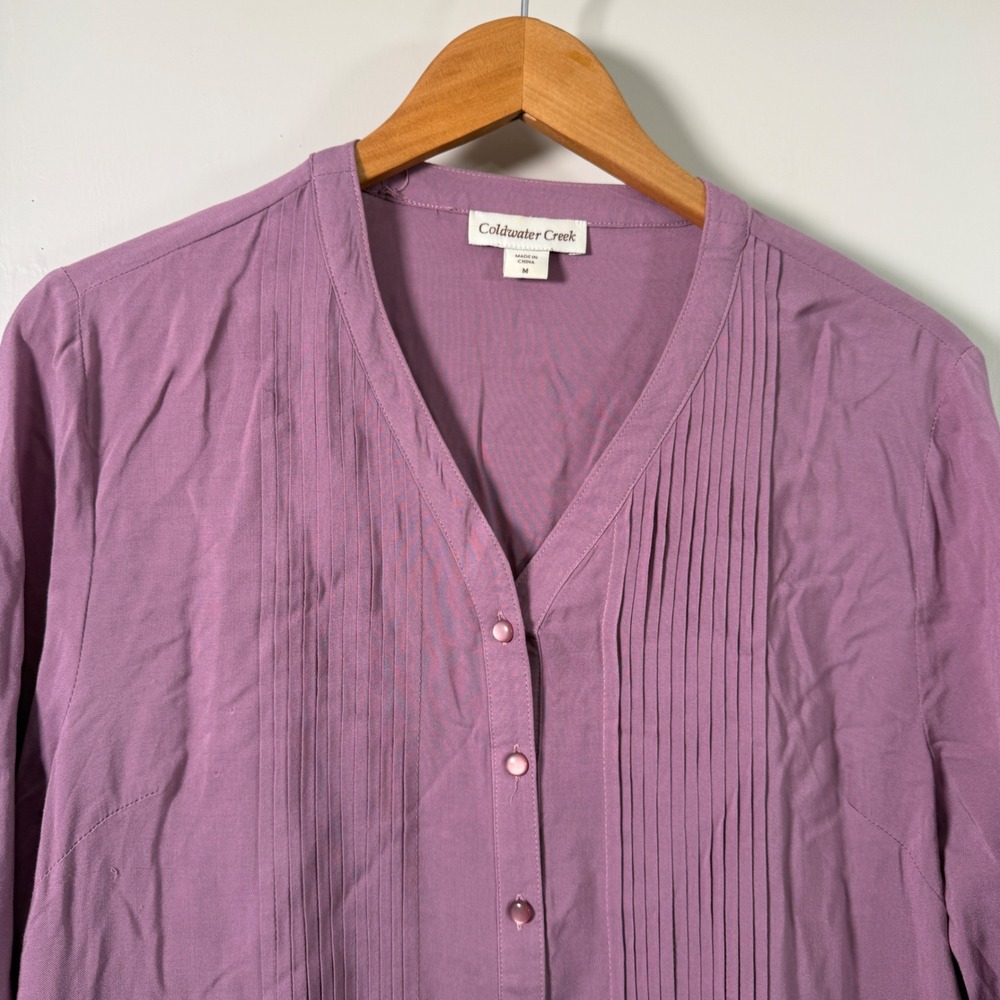 Coldwater Creek Purple Pintuck Crochet Lace Trim Rayon Button Front Tunic Top M - Picture 3 of 11